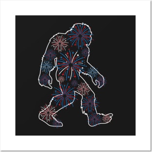 Patriotic Bigfoot Sasquatch Silhouette 4th of July Fireworks Posters and Art